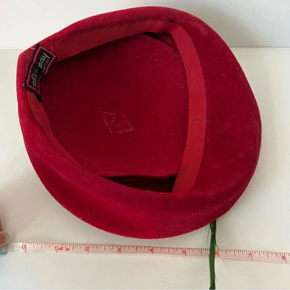Vintage Alice May Women's Red Wool and Feather Beret‎